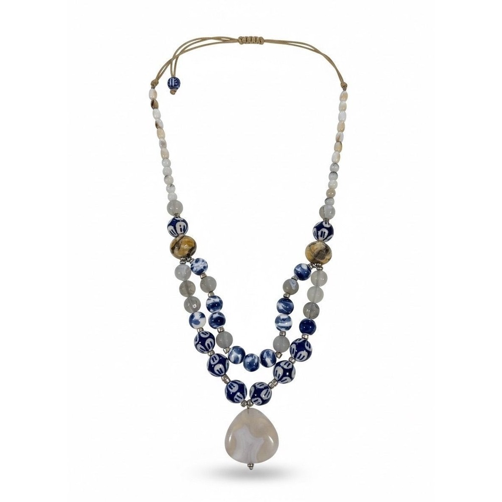 Artisan Tested Stone Necklace – Blue & White Beads with Agate Drop